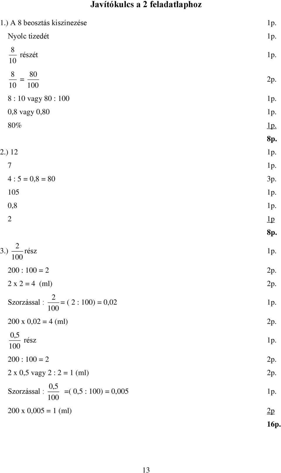 2 1p 2 3.) rész 1p. 100 200 : 100 = 2 2p. 2 x 2 = 4 (ml) 2p. 2 Szorzással : = ( 2 : 100) = 0,02 1p.