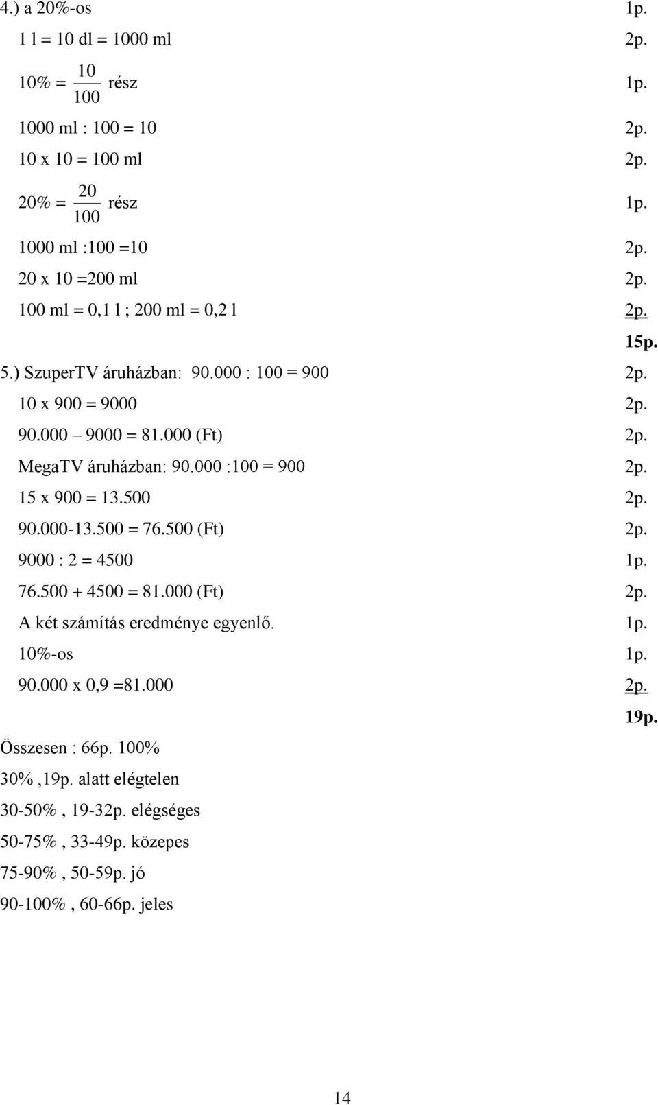 MegaTV áruházban: 90.000 :100 = 900 2p. 15 x 900 = 13.500 2p. 90.000-13.500 = 76.500 (Ft) 2p. 9000 : 2 = 4500 1p. 76.500 + 4500 = 81.000 (Ft) 2p.