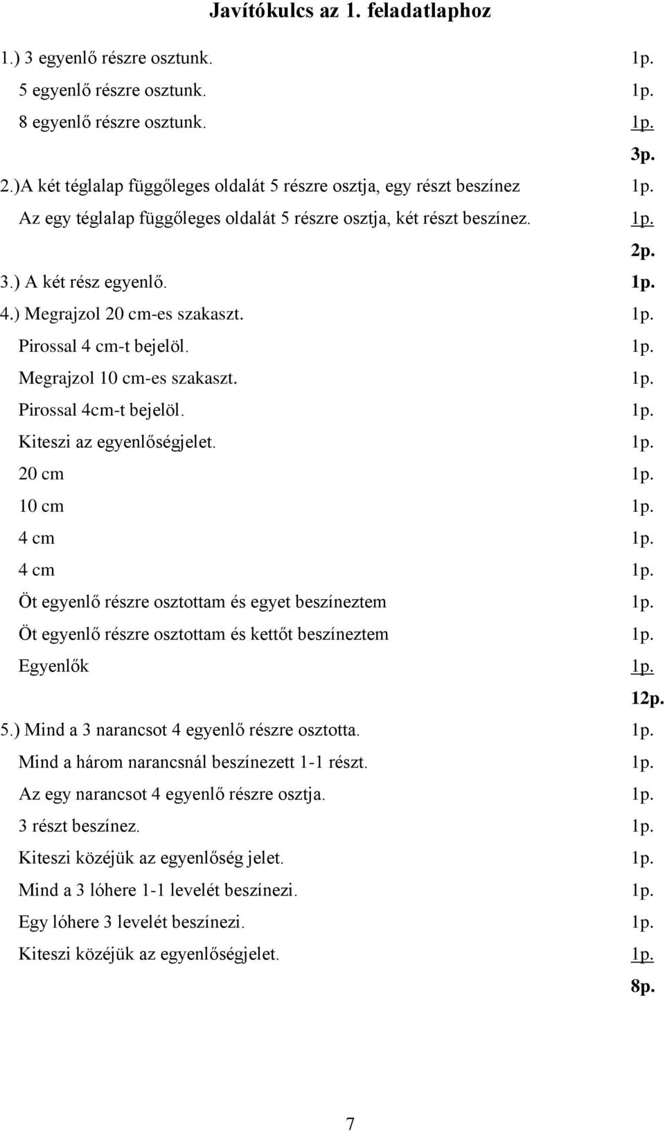 ) Megrajzol 20 cm-es szakaszt. 1p. Pirossal 4 cm-t bejelöl. 1p. Megrajzol 10 cm-es szakaszt. 1p. Pirossal 4cm-t bejelöl. 1p. Kiteszi az egyenlőségjelet. 1p. 20 cm 1p. 10 cm 1p. 4 cm 1p.