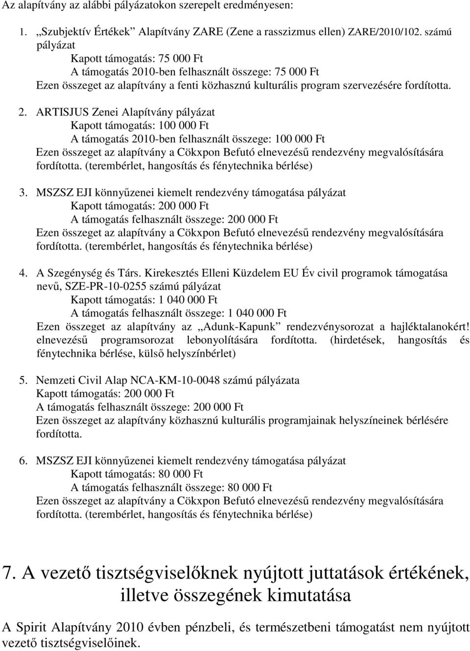 10-ben felhasznált összege: 75 000 Ft Ezen összeget az alapítvány a fenti közhasznú kulturális program szervezésére fordította. 2.