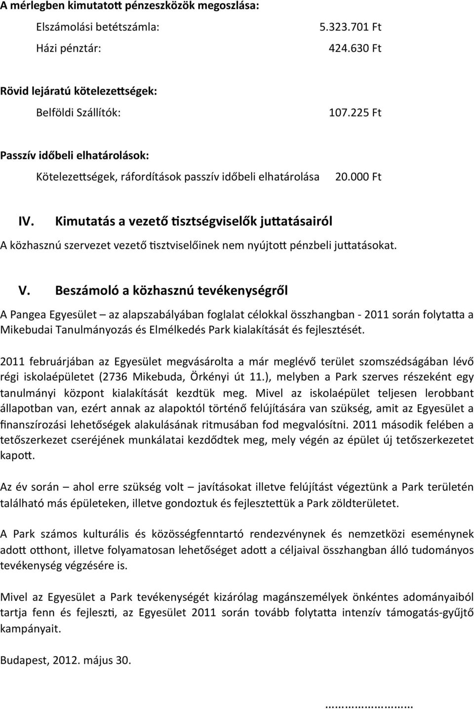 Kimutatás a vezető Gsztségviselők jutatásairól A közhasznú szervezet vezető Zsztviselőinek nem nyújtog pénzbeli jugatásokat. V.