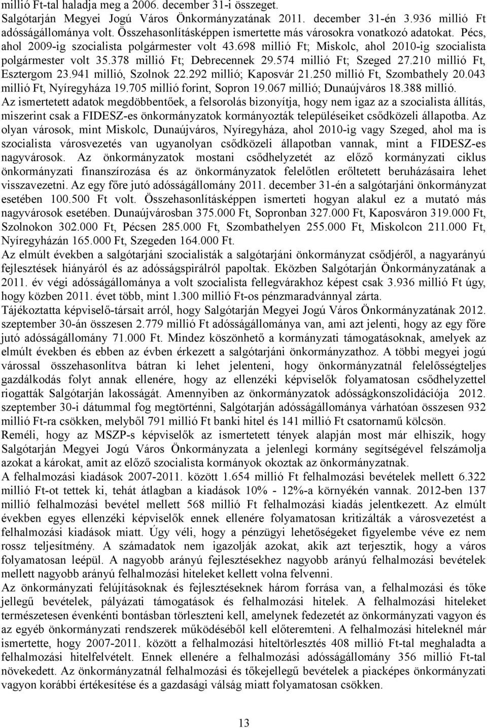 378 millió Ft; Debrecennek 29.574 millió Ft; Szeged 27.210 millió Ft, Esztergom 23.941 millió, Szolnok 22.292 millió; Kaposvár 21.250 millió Ft, Szombathely 20.043 millió Ft, Nyíregyháza 19.