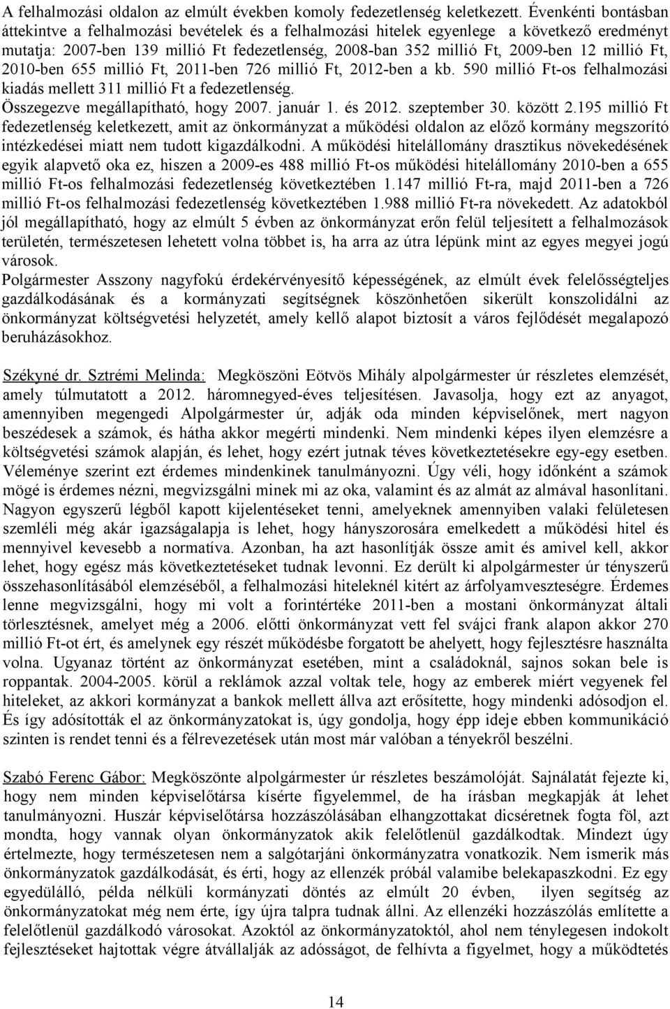 millió Ft, 2010-ben 655 millió Ft, 2011-ben 726 millió Ft, 2012-ben a kb. 590 millió Ft-os felhalmozási kiadás mellett 311 millió Ft a fedezetlenség. Összegezve megállapítható, hogy 2007. január 1.