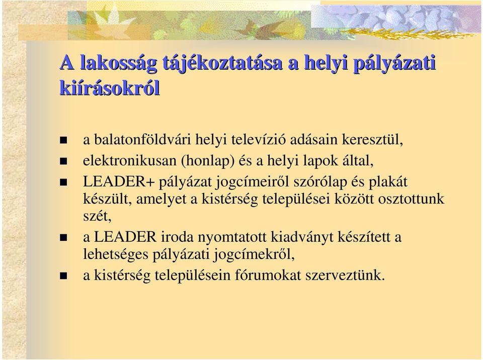 jogcímeirıl szórólap és plakát készült, amelyet a kistérség települései között osztottunk szét, a LEADER