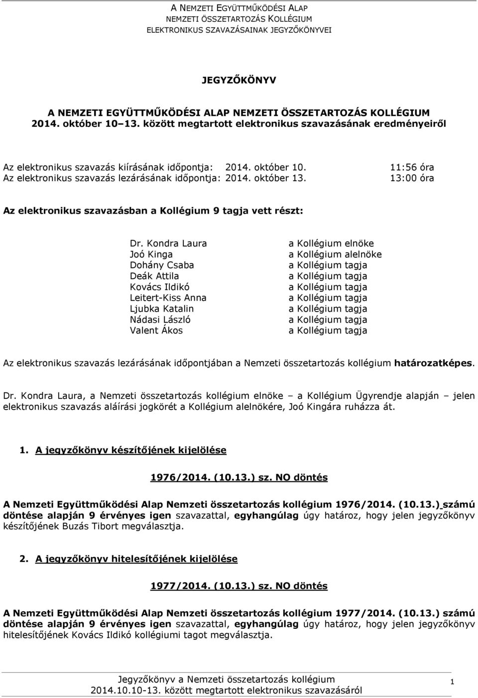 Kondra Laura Joó Kinga Dohány Csaba Deák Attila Kovács Ildikó Leitert-Kiss Anna Ljubka Katalin Nádasi László Valent Ákos a Kollégium elnöke a Kollégium alelnöke Az elektronikus szavazás lezárásának