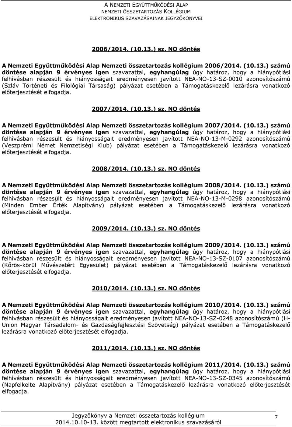 Filológiai Társaság) pályázat esetében a Támogatáskezelő lezárásra vonatkozó 2007/2014. (10.13.