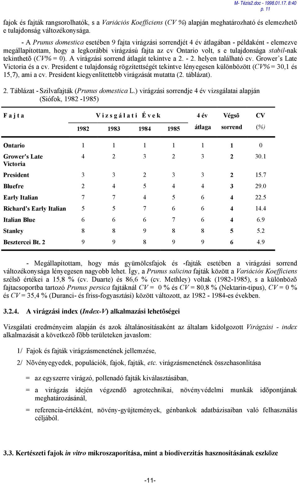 tekinthetõ (CV% = 0). A virágzási sorrend átlagát tekintve a 2. - 2. helyen található cv. Grower s Late Victoria és a cv.