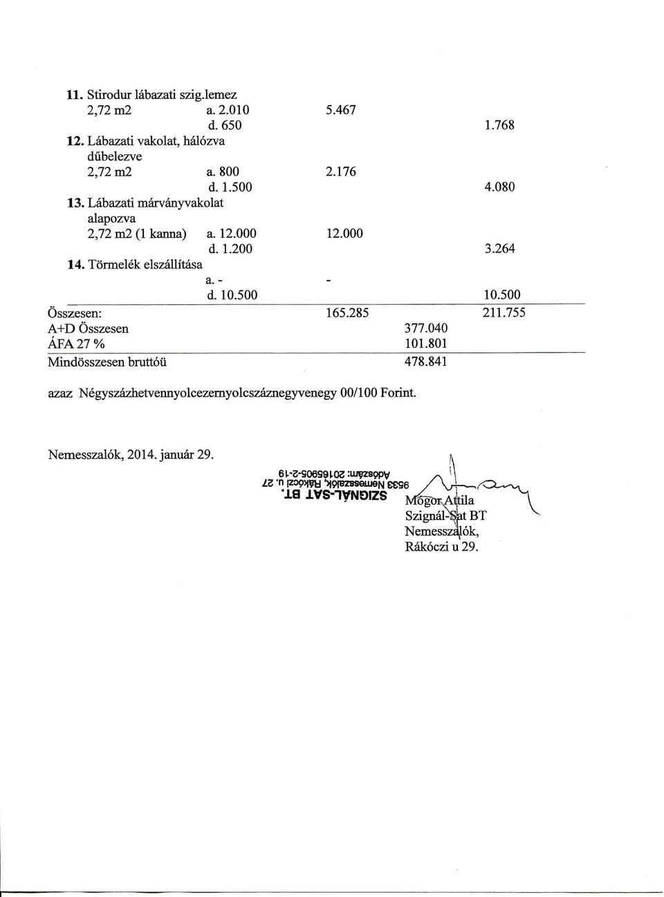 500 Osszesen: 165.285 211.755 A+D Osszesen AFA27% 377.040 101.801 Mindosszesen bruttoii 478.