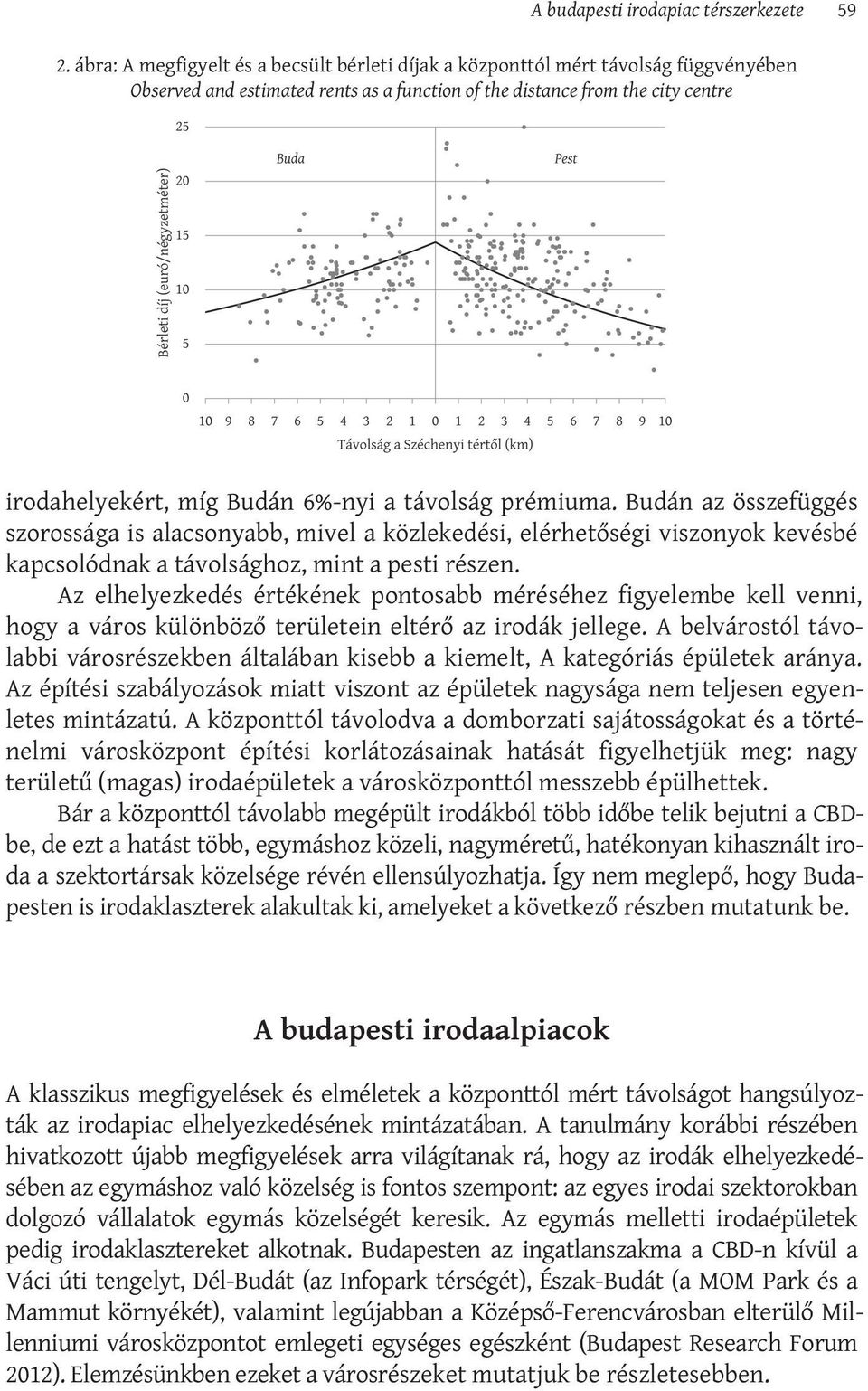 a távolság prémiuma. Budán az összefüggés szorossága is alacsonyabb, mivel a közlekedési, elérhetőségi viszonyok kevésbé kapcsolódnak a távolsághoz, mint a pesti részen.