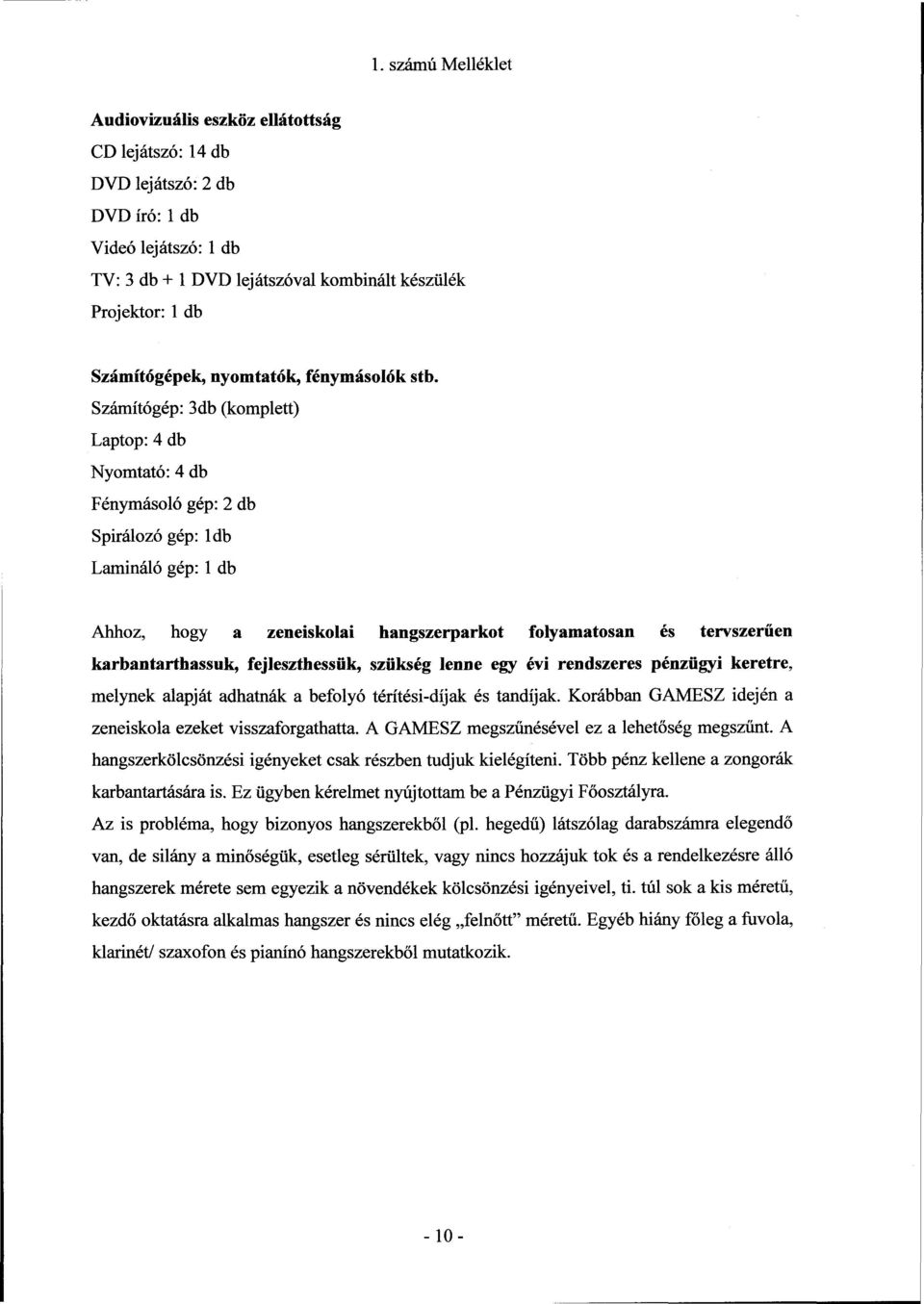 Számítógép: 3db (komplett) Laptop: 4 db Nyomtató: 4 db Fénymásoló gép: 2 db Spirálozó gép: ldb Lamináló gép: 1 db Ahhoz, hogy a zeneiskolai hangszerparkot folyamatosan és tervszerűen