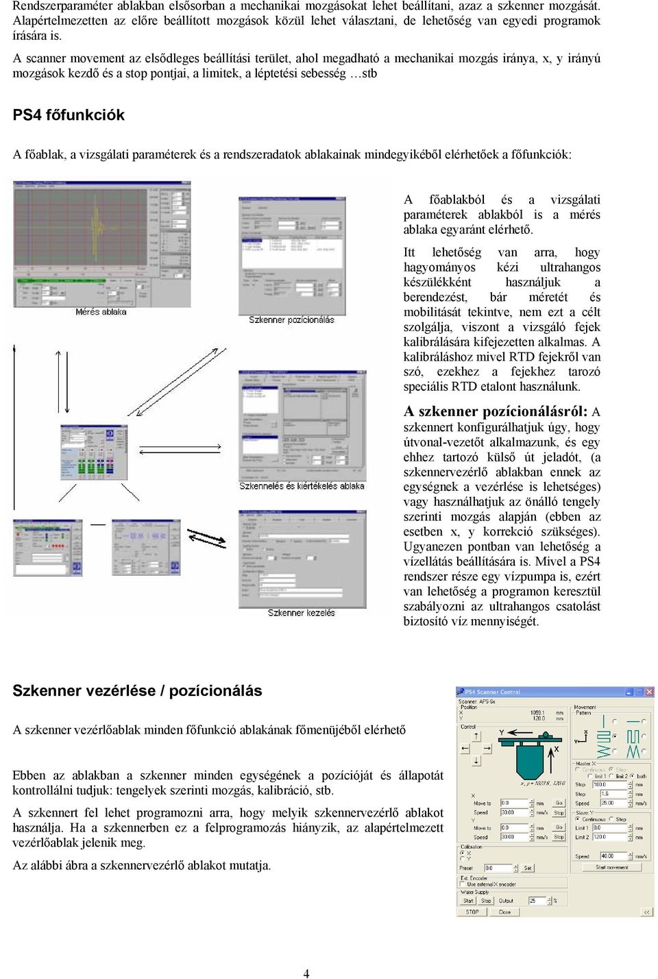 A scanner movement az elsődleges beállítási terület, ahol megadható a mechanikai mozgás iránya, x, y irányú mozgások kezdő és a stop pontjai, a limitek, a léptetési sebesség stb PS4 főfunkciók A