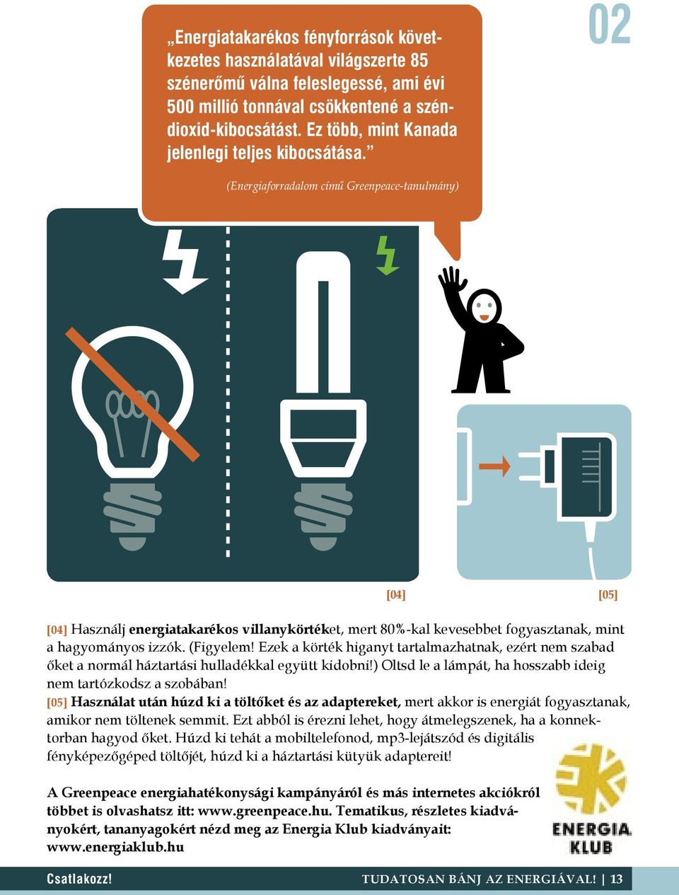 02 (Energiaforradalom című Greenpeace-tanulmány) [04] [05] [04] Használj energiatakarékos villanykörtéket, mert 80%-kal kevesebbet fogyasztanak, mint a hagyományos izzók. (Figyelem!