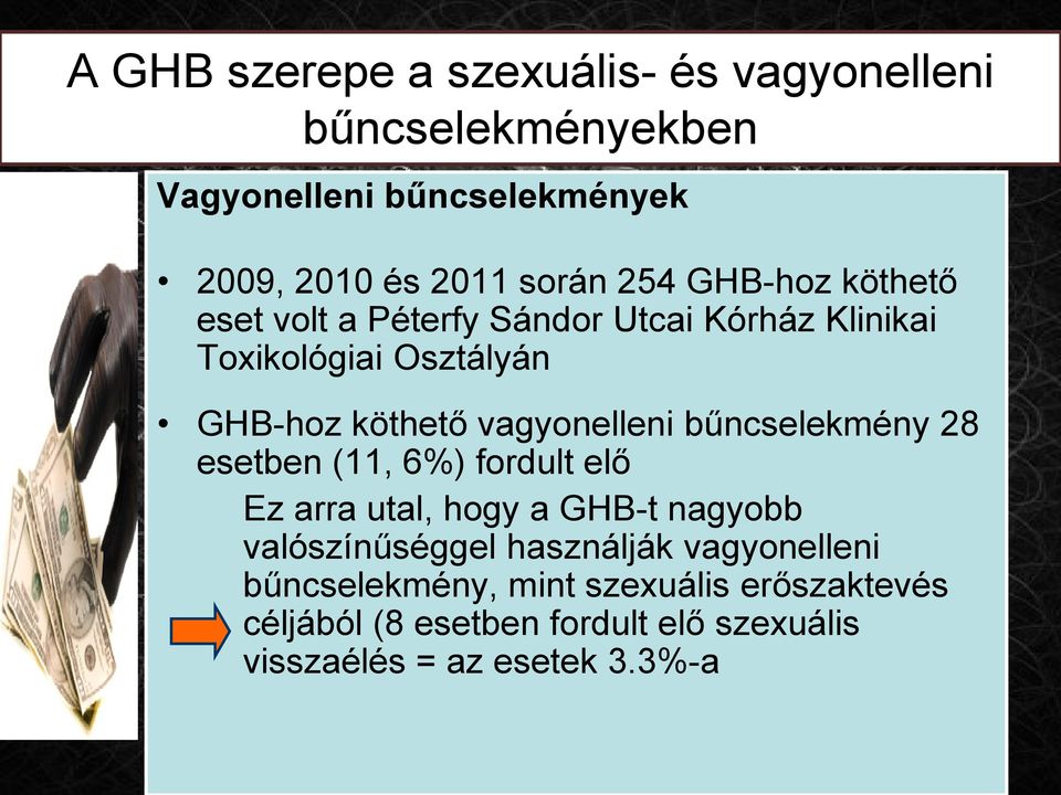 vagyonelleni bűncselekmény 28 esetben (11, 6%) fordult elő Ez arra utal, hogy a GHB-t nagyobb valószínűséggel