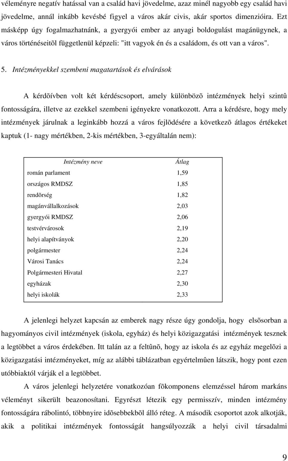 Intézményekkel szembeni magatartások és elvárások A kérdõívben volt két kérdéscsoport, amely különbözõ intézmények helyi szintû fontosságára, illetve az ezekkel szembeni igényekre vonatkozott.