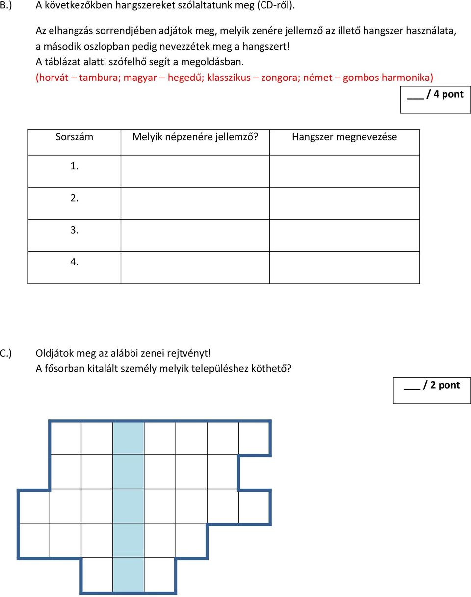 meg a hangszert! A táblázat alatti szófelhő segít a megoldásban.