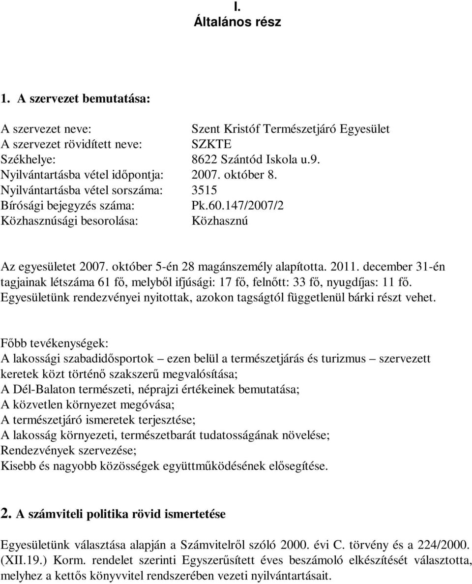 október 5-én 28 magánszemély alapította. 2011. december 31-én tagjainak létszáma 61 fő, melyből ifjúsági: 17 fő, felnőtt: 33 fő, nyugdíjas: 11 fő.