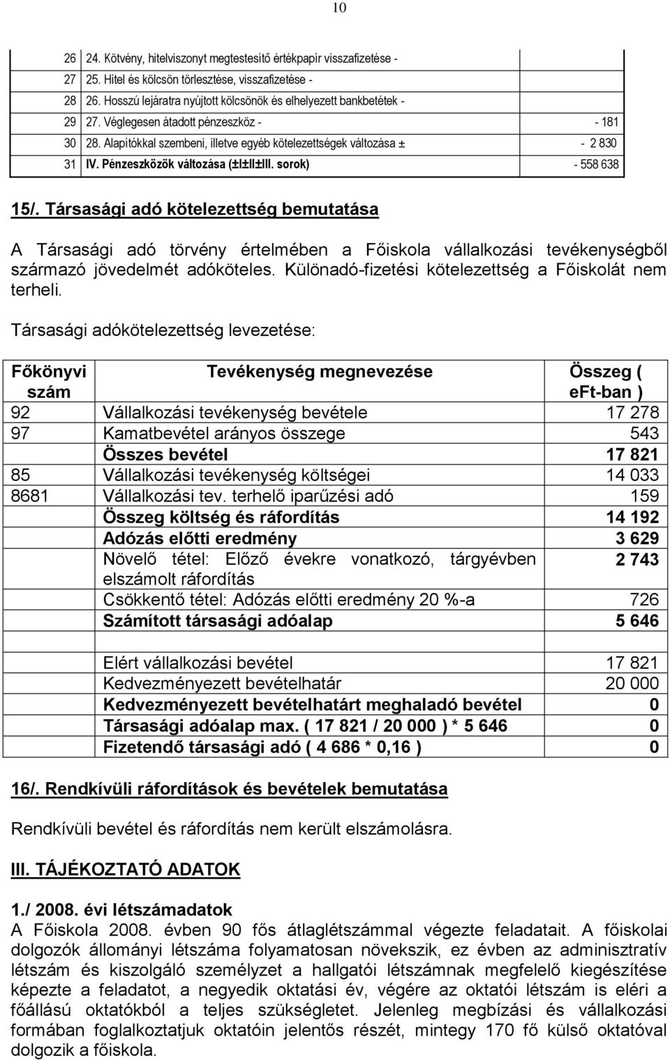 Pénzeszközök változása (±I±II±III. sorok) - 558 638 15/.