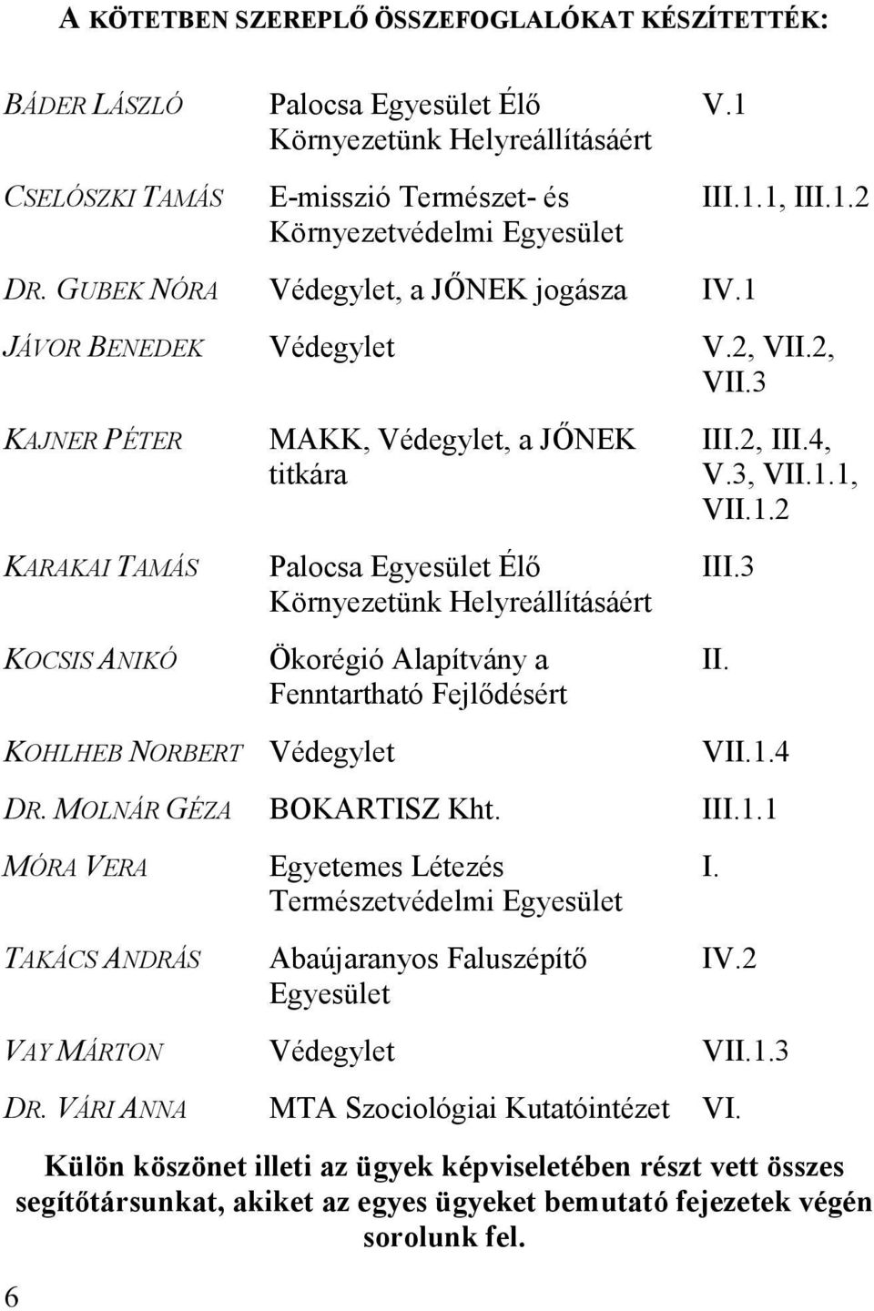 2, VII.3 KAJNER PÉTER KARAKAI TAMÁS KOCSIS ANIKÓ MAKK, Védegylet, a JŐNEK titkára Palocsa Egyesület Élő Környezetünk Helyreállításáért Ökorégió Alapítvány a Fenntartható Fejlődésért III.2, III.4, V.