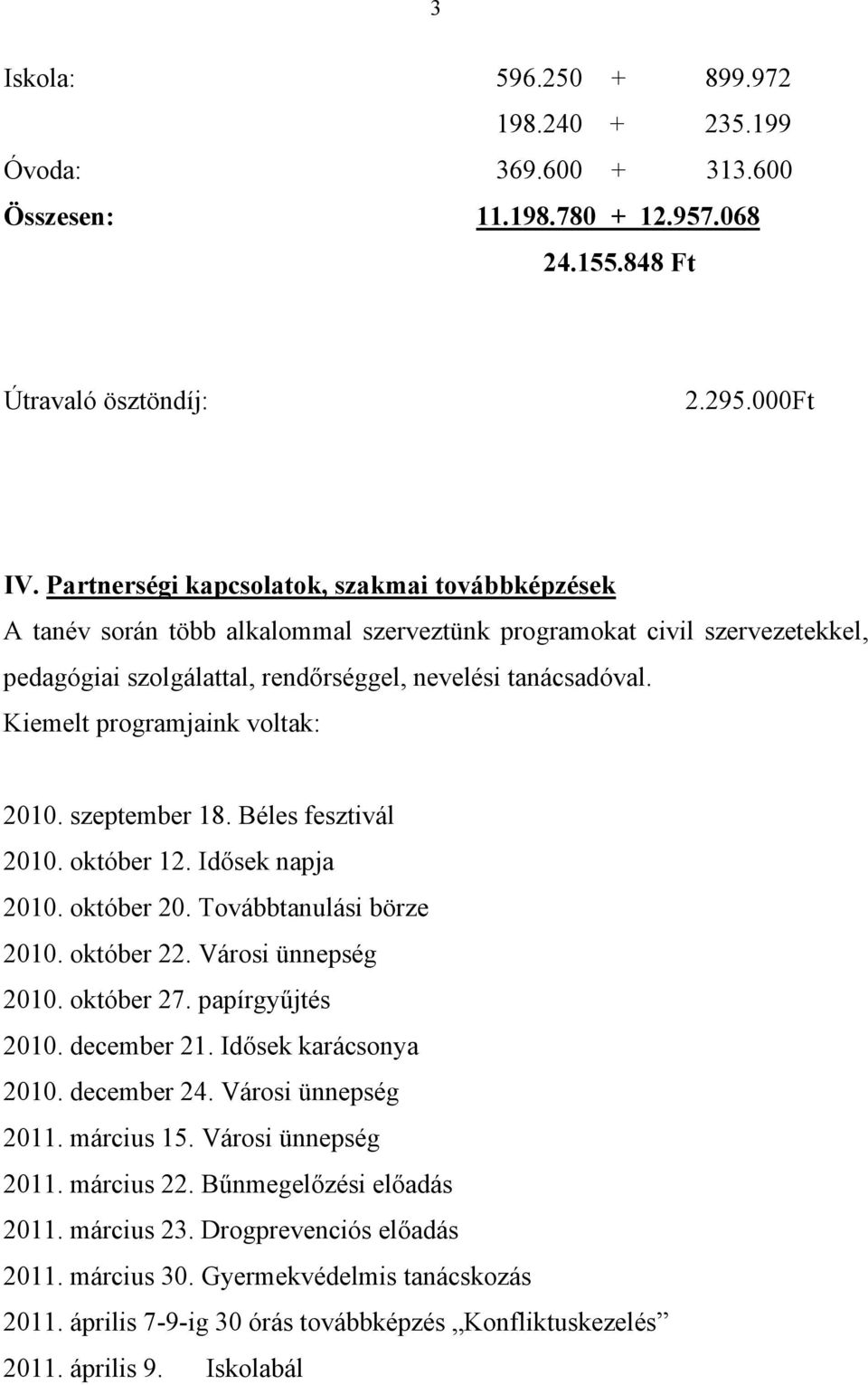 Kiemelt programjaink voltak: 2010. szeptember 18. Béles fesztivál 2010. október 12. Idősek napja 2010. október 20. Továbbtanulási börze 2010. október 22. Városi ünnepség 2010. október 27.