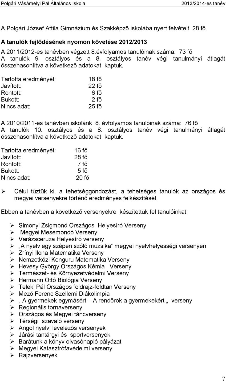 Tartotta eredményét: Javított: Rontott: Bukott: Nincs adat: 18 fő 22 fő 6 fő 2 fő 25 fő A 2010/2011-es tanévben iskolánk 8. évfolyamos tanulóinak száma: 76 fő A tanulók 10. osztályos és a 8.