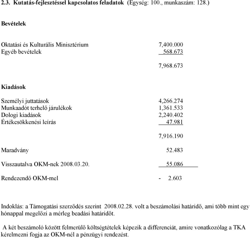 483 Visszautalva OKM-nek 2008.03.20. 55.086 Rendezendő OKM-mel - 2.603 Indoklás: a Támogatási szerződés szerint 2008.02.28.