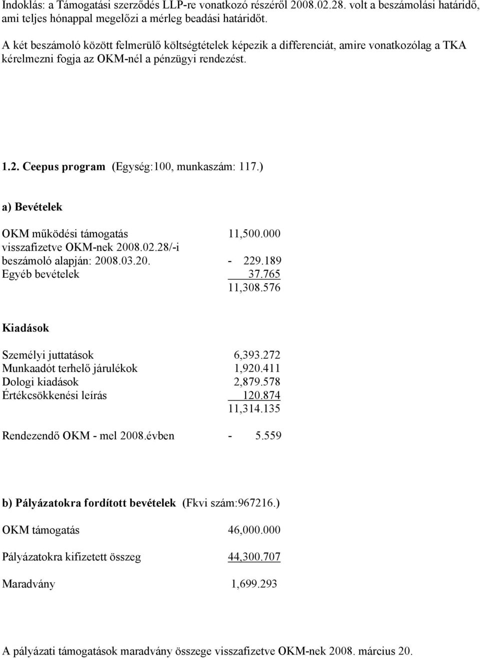 ) a) Bevételek OKM működési támogatás 11,500.000 visszafizetve OKM-nek 2008.02.28/-i beszámoló alapján: 2008.03.20. - 229.189 Egyéb bevételek 37.765 11,308.576 Kiadások Személyi juttatások 6,393.