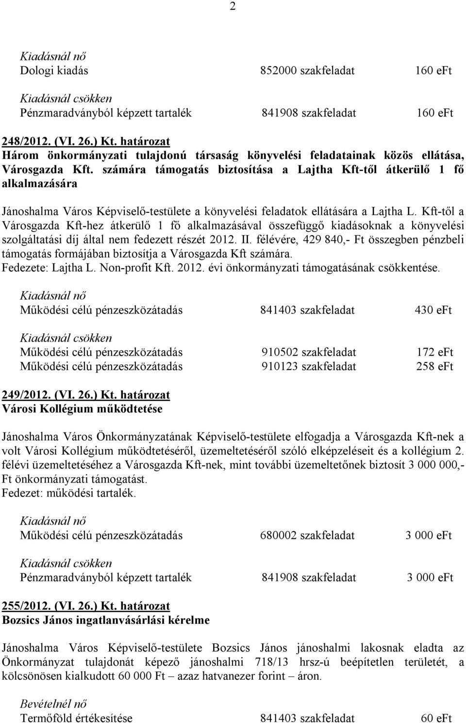 számára támogatás biztosítása a Lajtha Kft-től átkerülő 1 fő alkalmazására Jánoshalma Város Képviselő-testülete a könyvelési feladatok ellátására a Lajtha L.