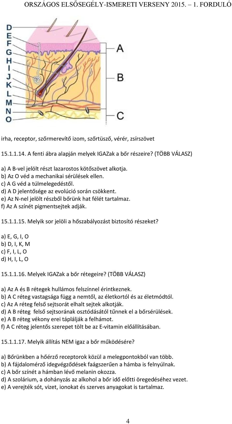 f) Az A színét pigmentsejtek adják. 15.1.1.15. Melyik sor jelöli a hőszabályozást biztosító részeket? a) E, G, I, O b) D, I, K, M c) F, I, L, O d) H, I, L, O 15.1.1.16. Melyek IGAZak a bőr rétegeire?