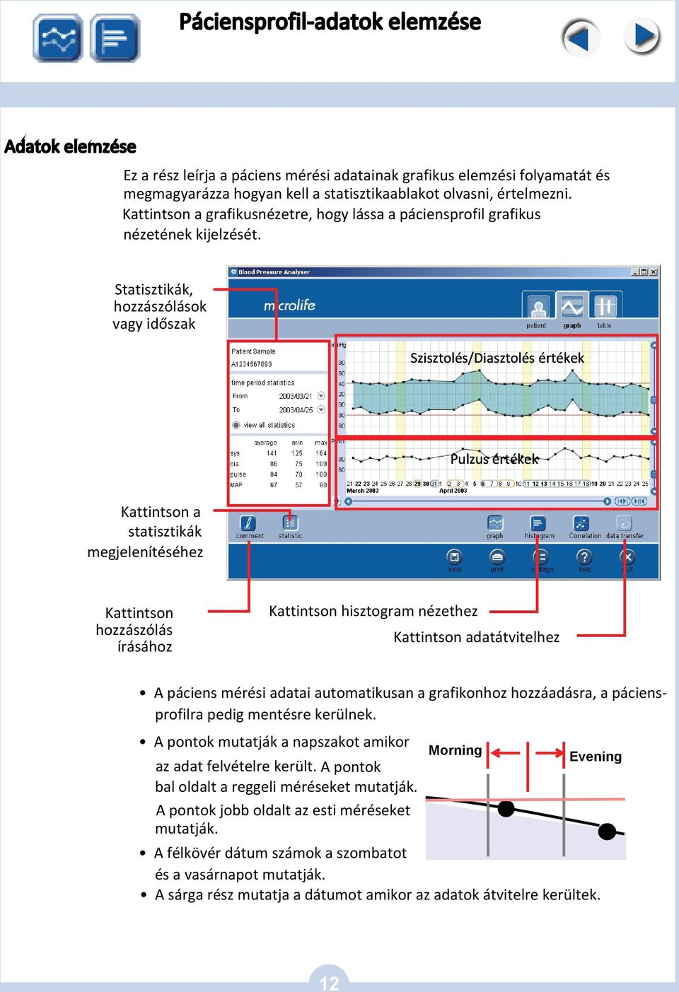 Statisztikák, hozzászólások vagy időszak Szisztolés/Diasztolés értékek Pulzus értékek Kattintson a statisztikák megjelenítéséhez Kattintson hozzászólás írásához Kattintson hisztogram nézethez