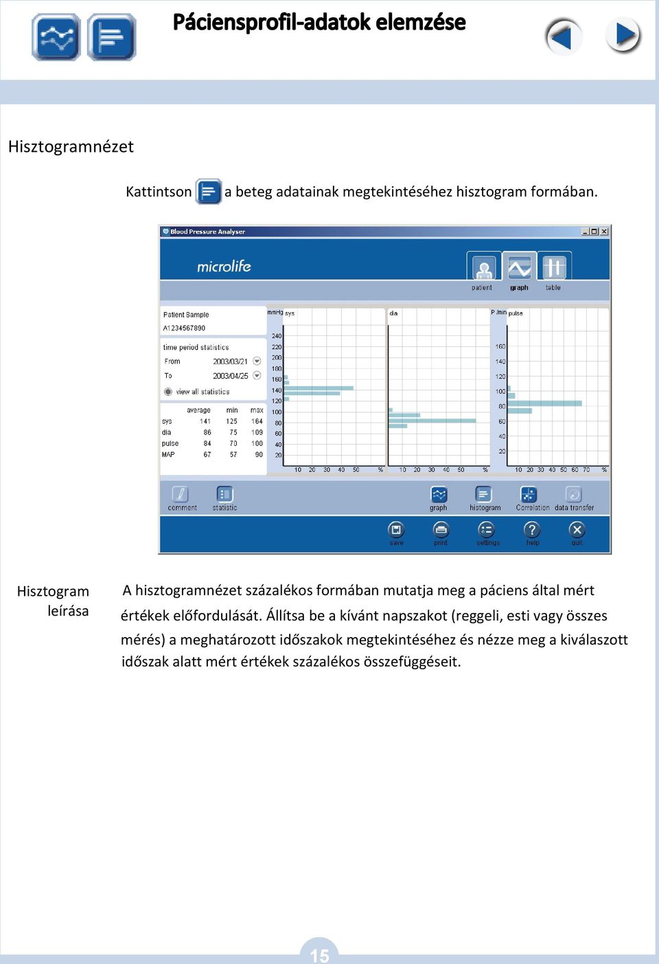 Hisztogram leírása A hisztogramnézet százalékos formában mutatja meg a páciens által mért értékek