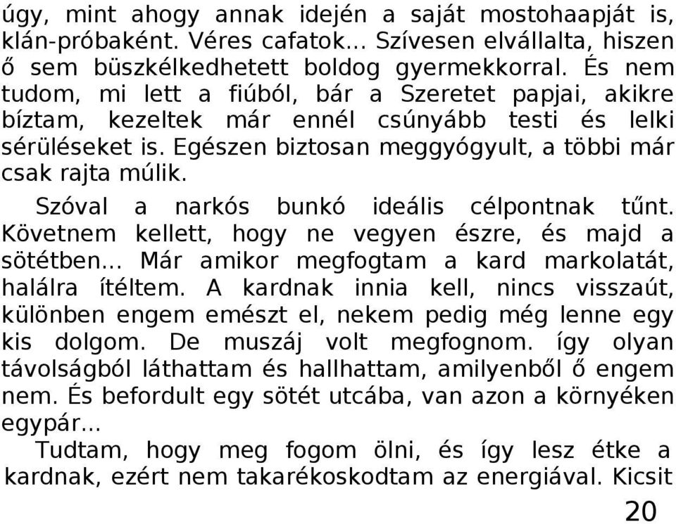 Szóval a narkós bunkó ideális célpontnak tűnt. Követnem kellett, hogy ne vegyen észre, és majd a sötétben... Már amikor megfogtam a kard markolatát, halálra ítéltem.