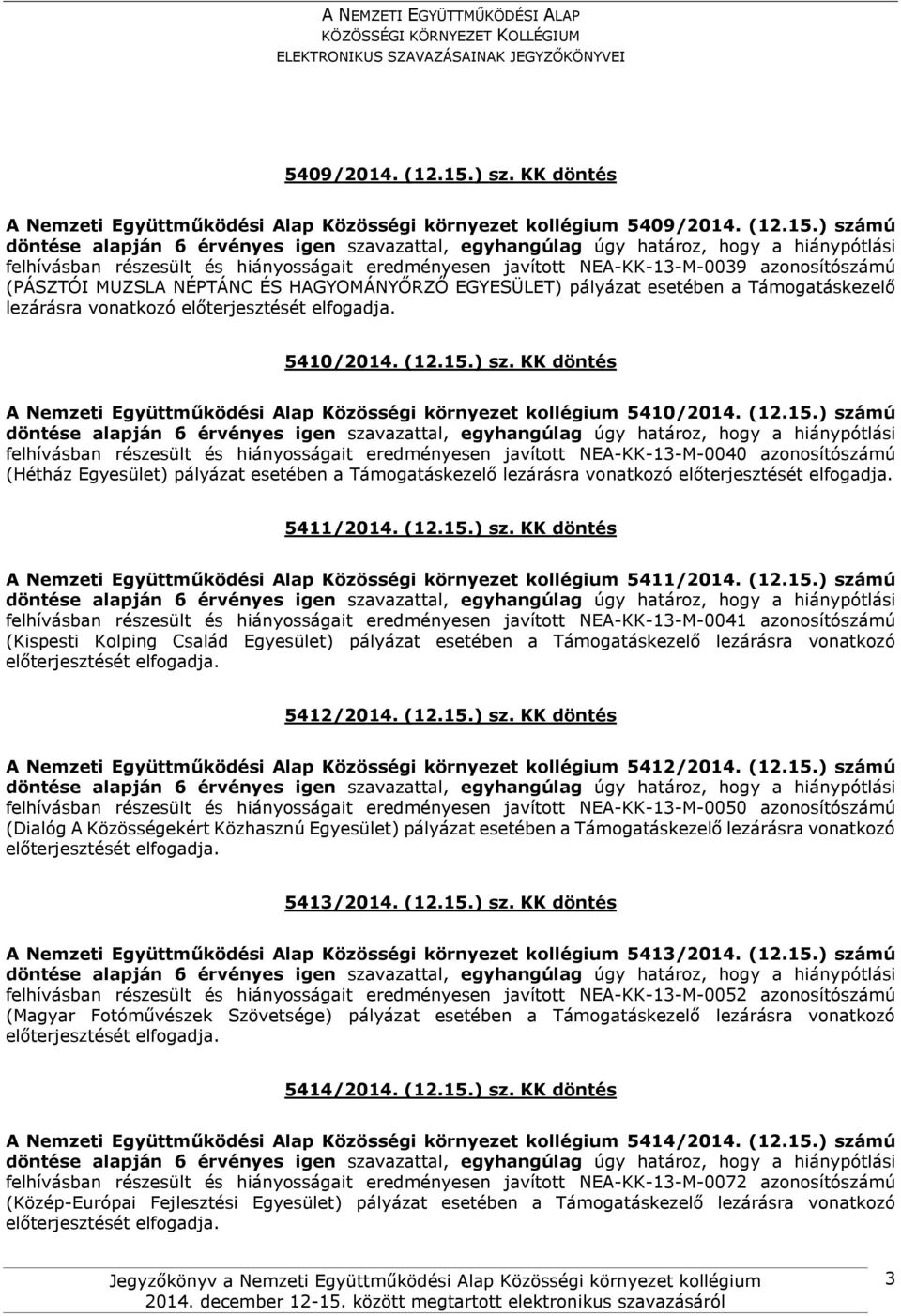 NÉPTÁNC ÉS HAGYOMÁNYŐRZŐ EGYESÜLET) pályázat esetében a Támogatáskezelő lezárásra vonatkozó 5410/2014. (12.15.) sz. KK döntés A Nemzeti Együttműködési Alap Közösségi környezet kollégium 5410/2014.