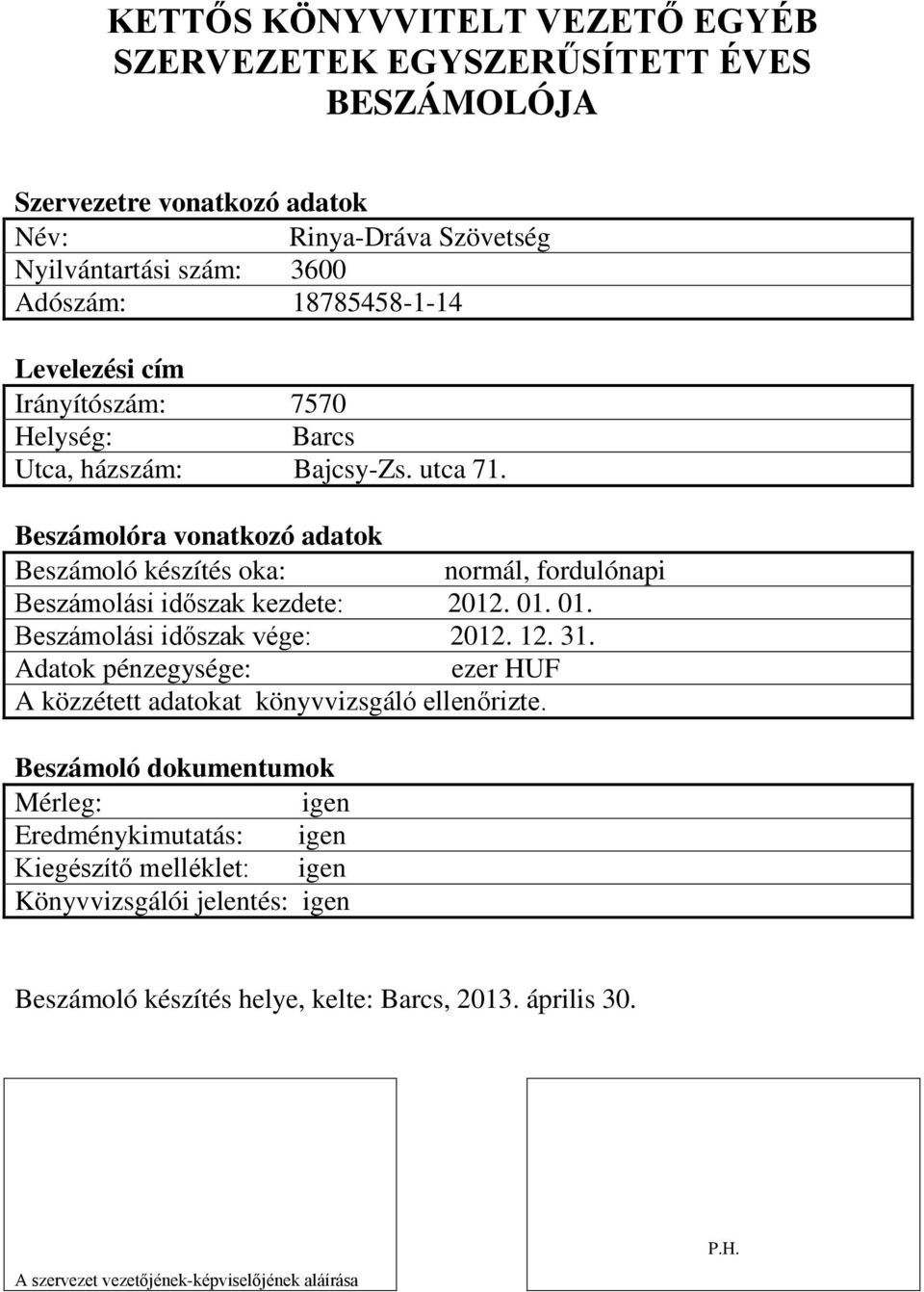 Beszámolóra vonatkozó adatok Beszámoló készítés oka: normál, fordulónapi Beszámolási időszak kezdete: 2012. 01. 01. Beszámolási időszak vége: 2012. 12. 31.