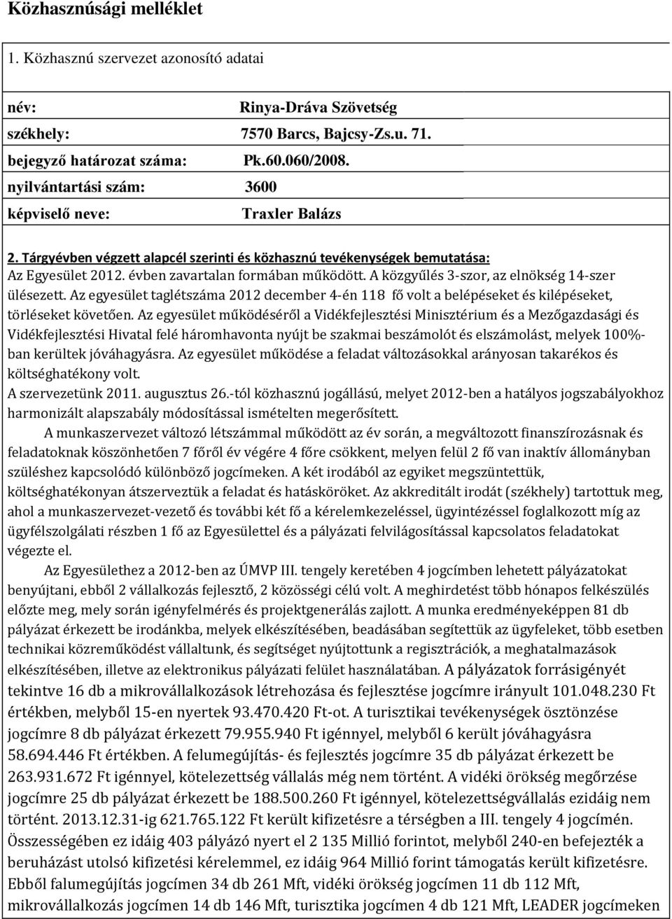 A közgyűlés 3-szor, az elnökség 14-szer ülésezett. Az egyesület taglétszáma 2012 december 4-én 118 fő volt a belépéseket és kilépéseket, törléseket követően.