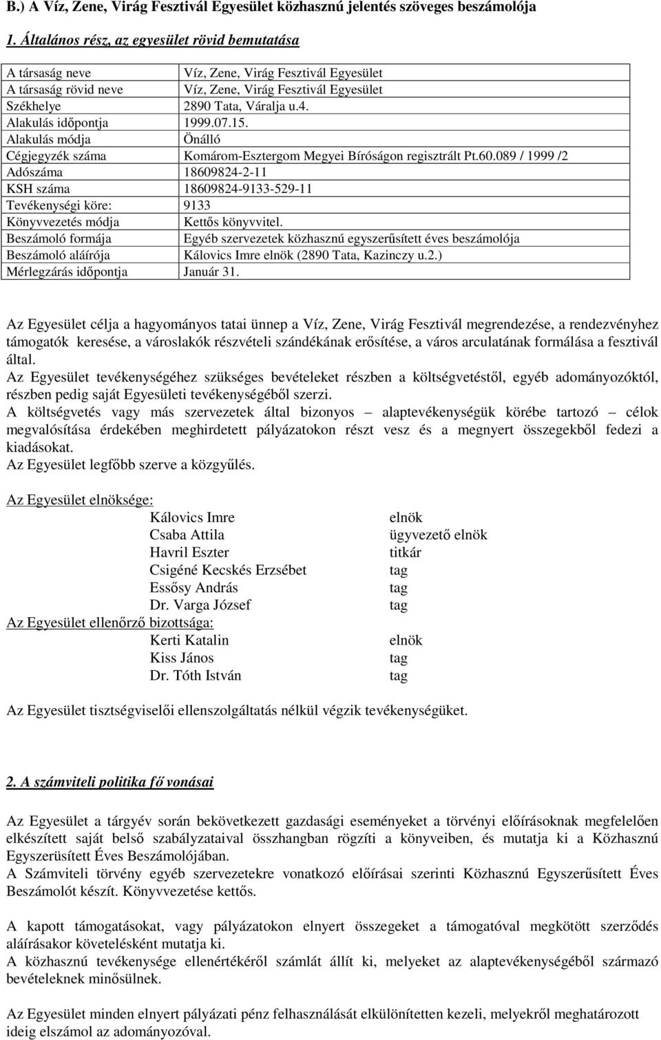 Alakulás időpontja 1999.7.15. Alakulás módja Önálló Cégjegyzék száma Komárom-Esztergom Megyei Bíróságon regisztrált Pt.6.