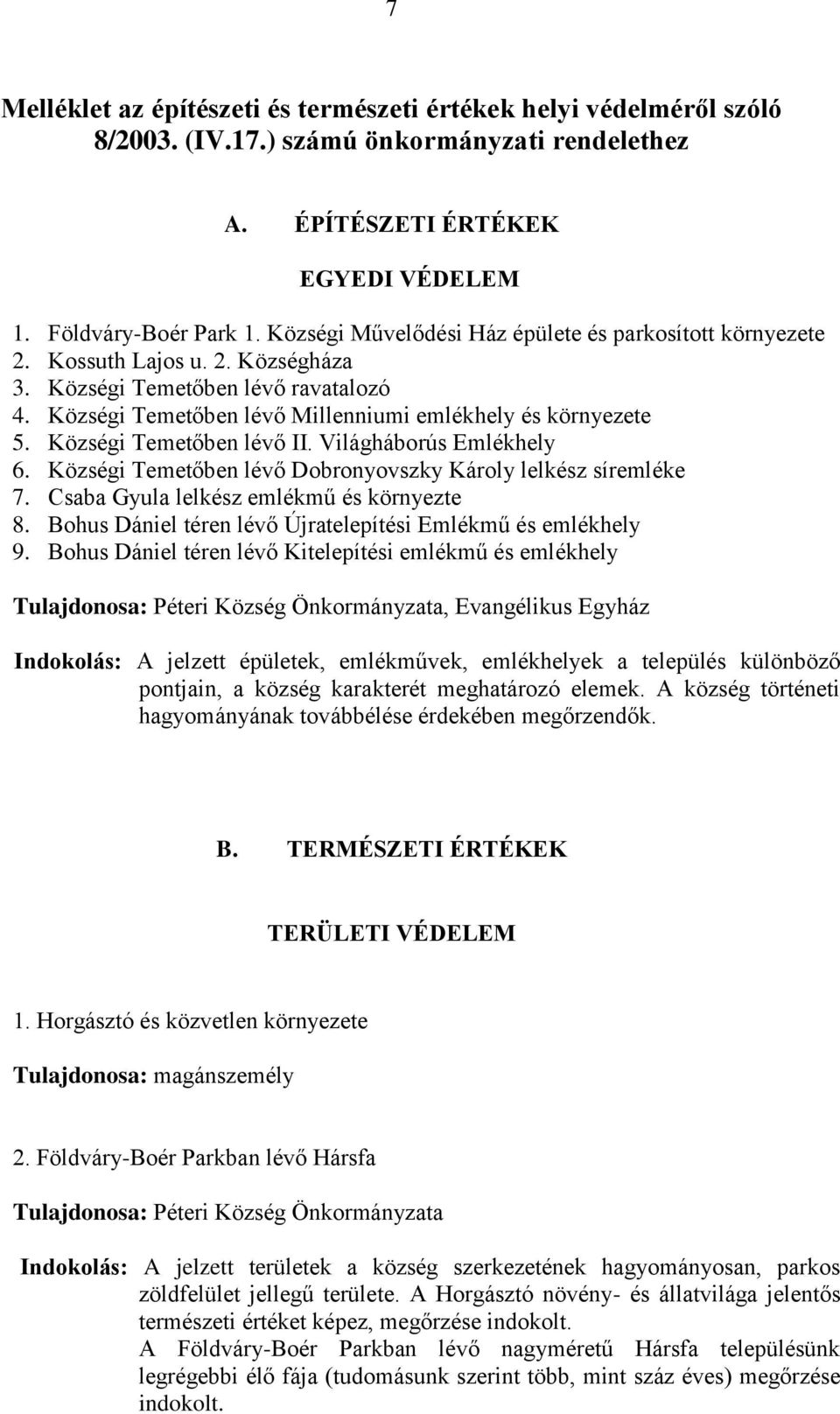 Községi Temetőben lévő II. Világháborús Emlékhely 6. Községi Temetőben lévő Dobronyovszky Károly lelkész síremléke 7. Csaba Gyula lelkész emlékmű és környezte 8.