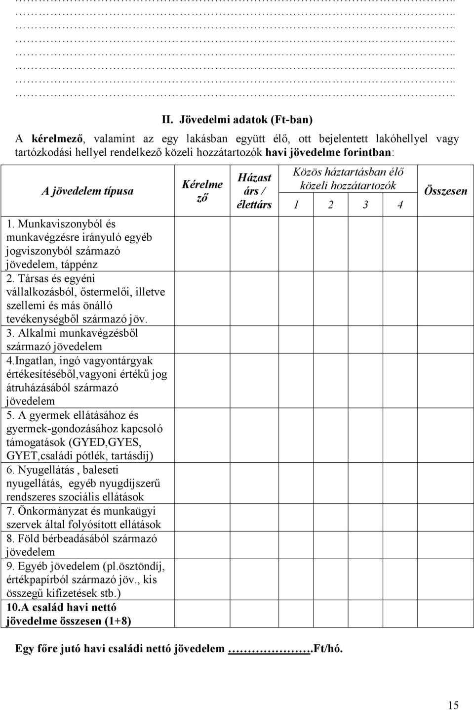 Társas és egyéni vállalkozásból, őstermelői, illetve szellemi és más önálló tevékenységből származó jöv. 3. Alkalmi munkavégzésből származó jövedelem 4.