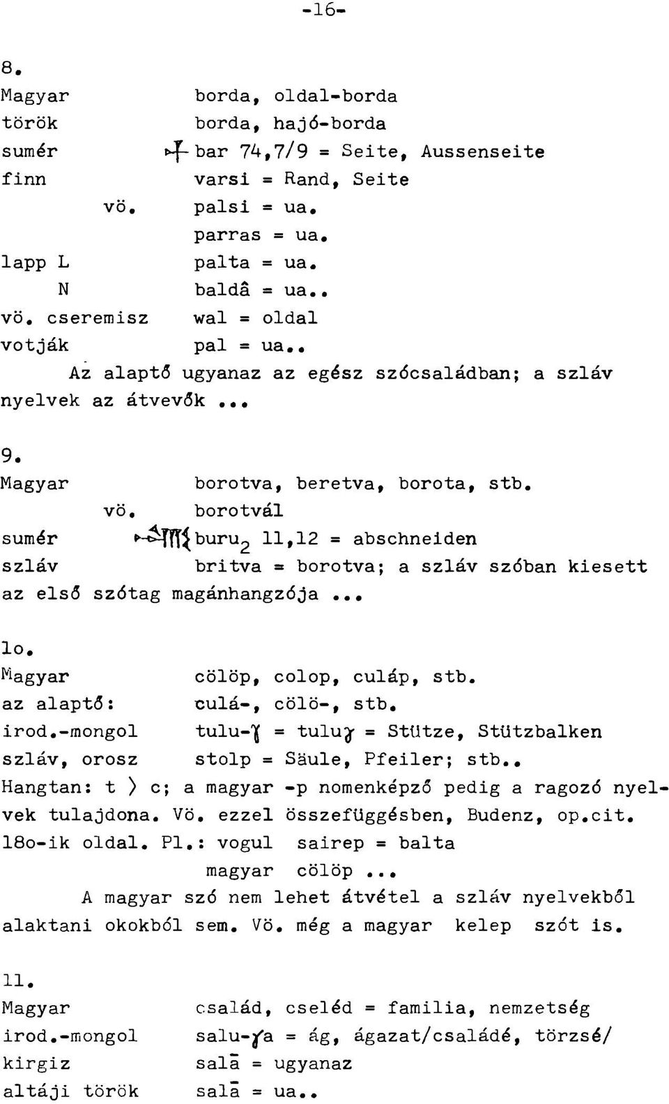 borotva, beretva, borota, stb, vö, borotvál sumér -^{fí^buru2 11,12 = abschneiden szláv britva = borotva; a szláv szóban kiesett az első szótag magánhangzója,,. 10. cölöp, colop, culáp, stb.