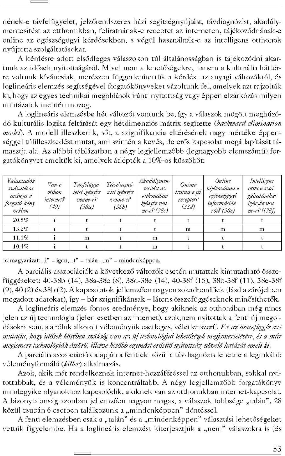 Mivel nem a lehetőségekre, hanem a kulturális háttér re voltunk kíváncsiak, merészen függetlenítettük a kérdést az anyagi változóktól, és loglineáris elemzés segítségével forgatókönyveket vázoltunk