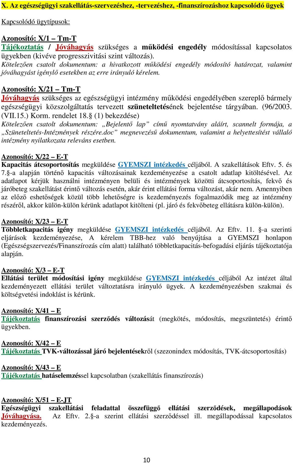 Azonosító: X/21 Tm-T Jóváhagyás szükséges az egészségügyi intézmény működési engedélyében szereplő bármely egészségügyi közszolgáltatás tervezett szüneteltetésének bejelentése tárgyában. (96/2003.