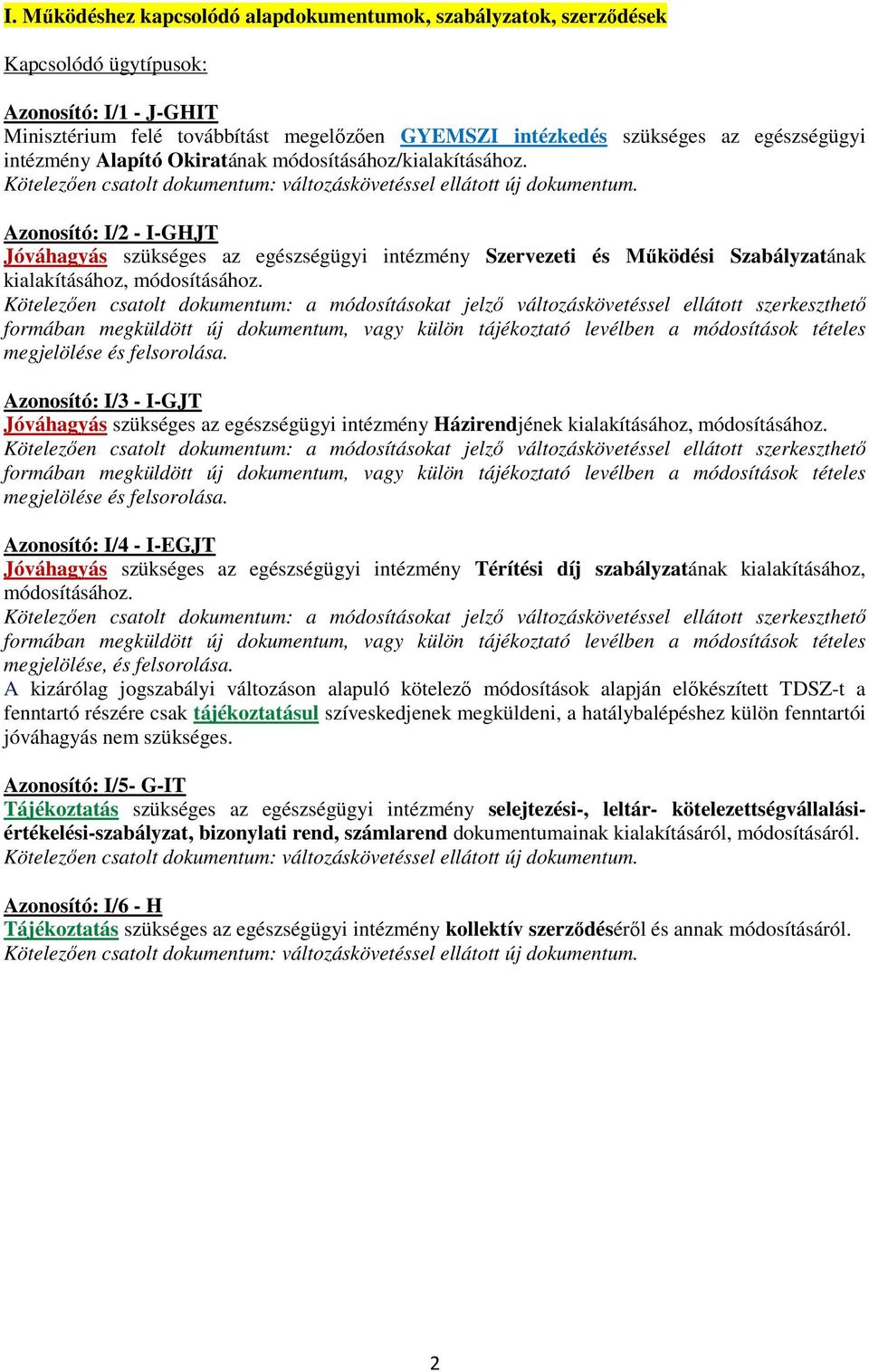 Azonosító: I/2 - I-GHJT Jóváhagyás szükséges az egészségügyi intézmény Szervezeti és Működési Szabályzatának kialakításához, módosításához.