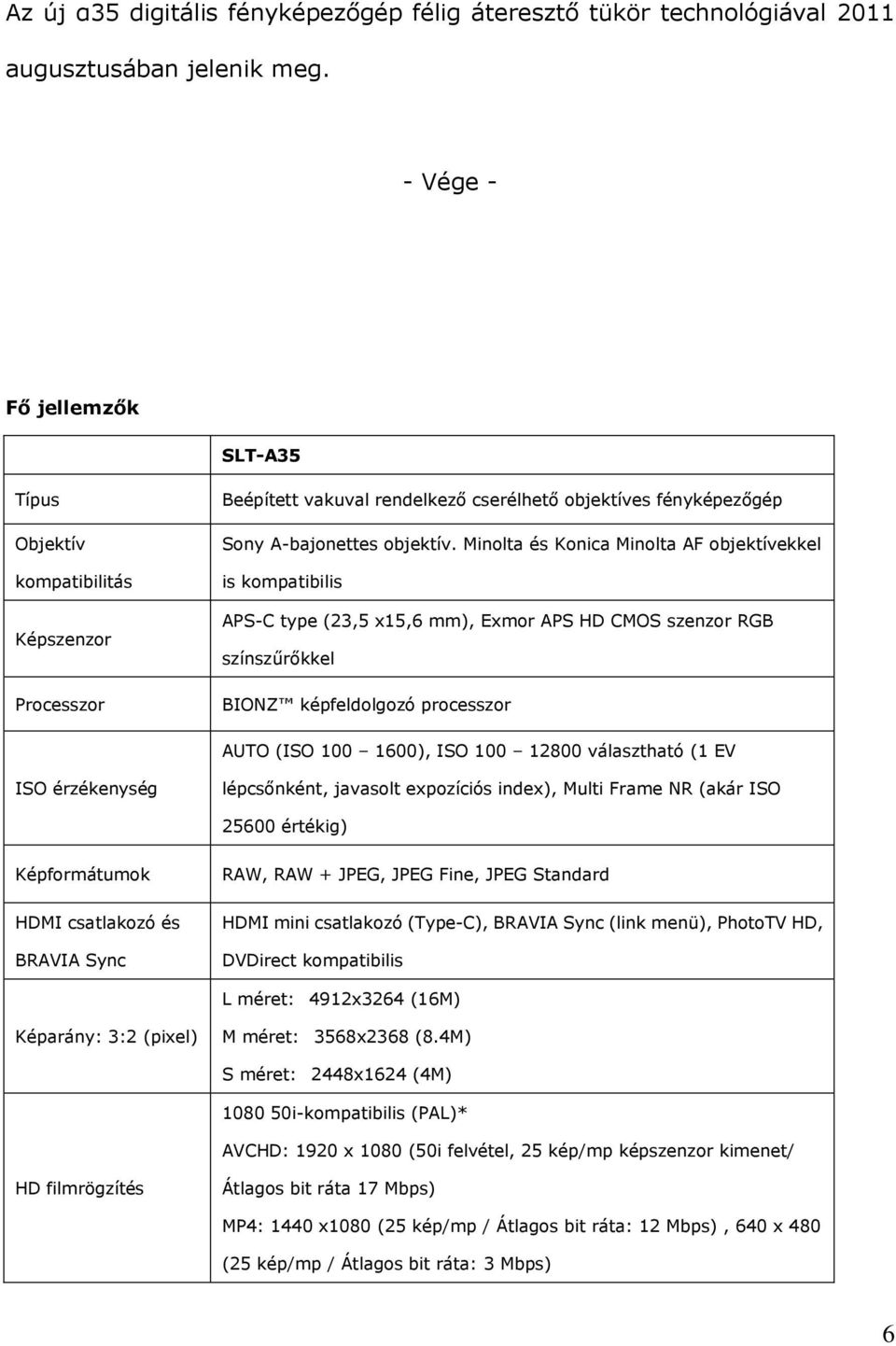 Minolta és Konica Minolta AF objektívekkel is kompatibilis APS-C type (23,5 x15,6 mm), Exmor APS HD CMOS szenzor RGB színszűrőkkel BIONZ képfeldolgozó processzor AUTO (ISO 100 1600), ISO 100 12800