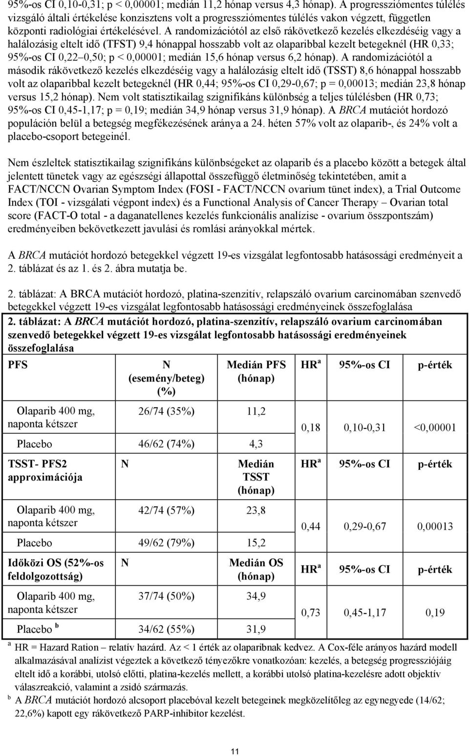 A randomizációtól az első rákövetkező kezelés elkezdéséig vagy a halálozásig eltelt idő (TFST) 9,4 hónappal hosszabb volt az olaparibbal kezelt betegeknél (HR 0,33; 95%-os CI 0,22 0,50; p < 0,00001;