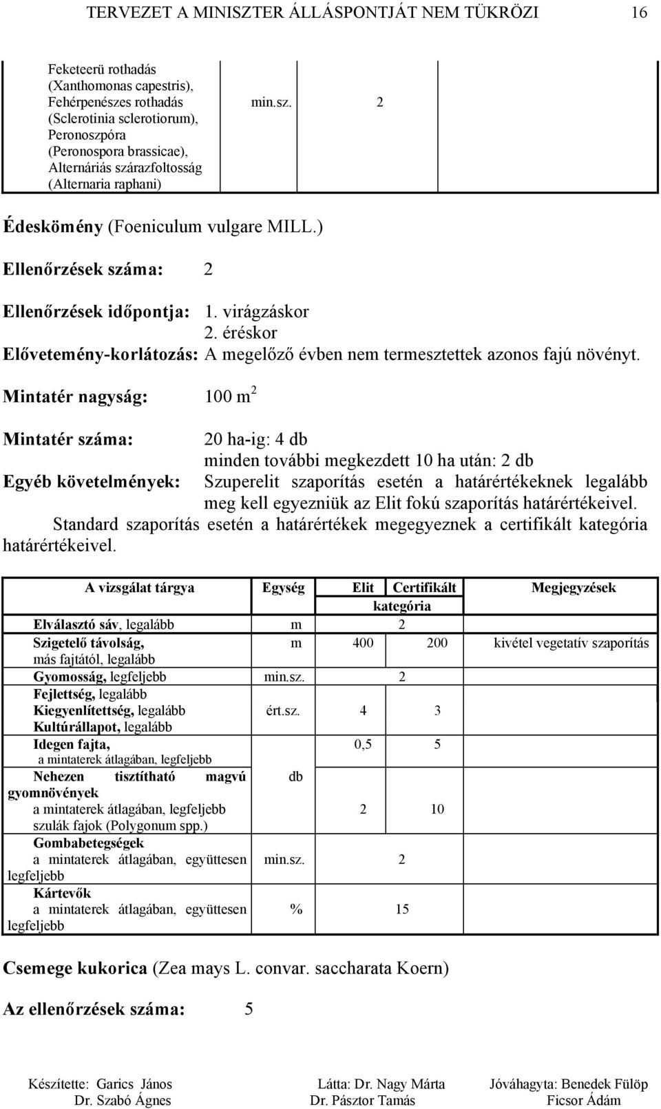 Mintatér nagyság: 100 m 2 Mintatér száma: 20 ha-ig: 4 db minden további megkezdett 10 ha után: 2 db Egyéb követelmények: Szuperelit szaporítás esetén a határértékeknek legalább meg kell egyezniük az