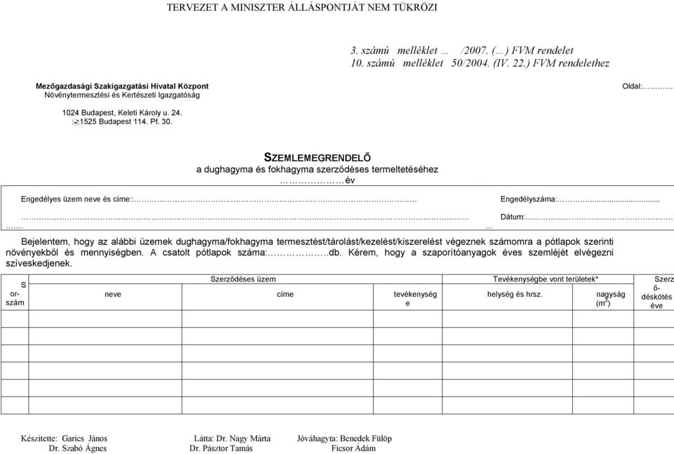 Bejelentem, hogy az alábbi üzemek dughagyma/fokhagyma termesztést/tárolást/kezelést/kiszerelést végeznek számomra a pótlapok szerinti növényekből és mennyiségben. A csatolt pótlapok száma:..db.