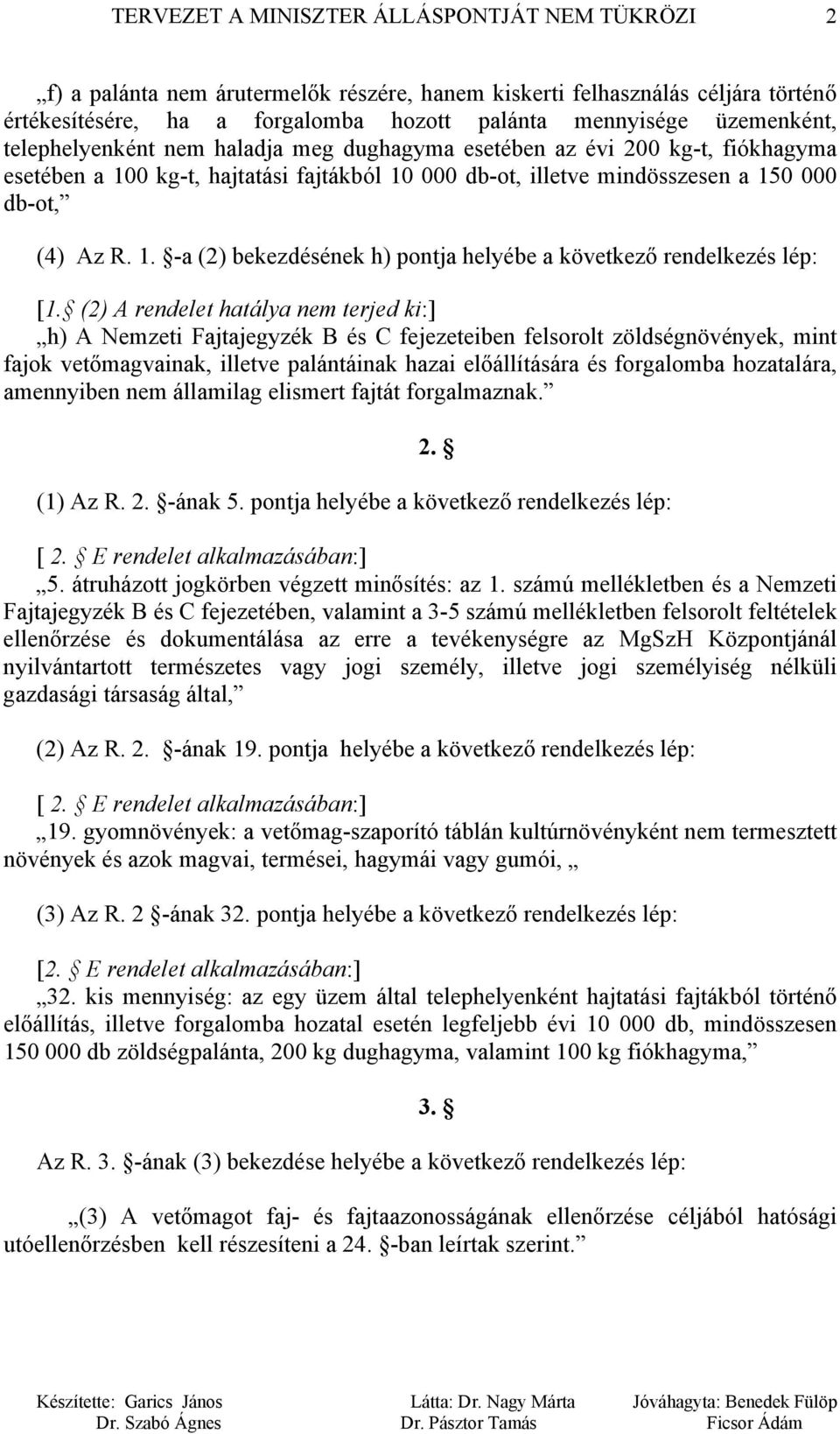 (2) A rendelet hatálya nem terjed ki:] h) A Nemzeti Fajtajegyzék B és C fejezeteiben felsorolt zöldségnövények, mint fajok vetőmagvainak, illetve palántáinak hazai előállítására és forgalomba