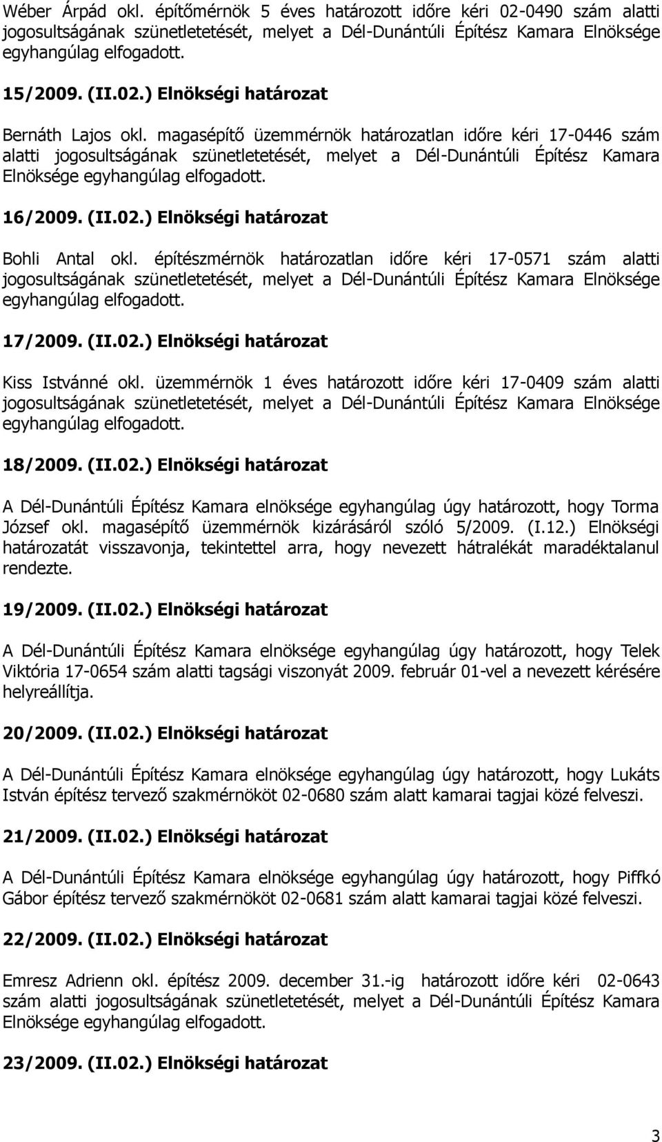 ) Elnökségi határozat Bohli Antal okl. építészmérnök határozatlan időre kéri 17-0571 szám alatti 17/2009. (II.02.) Elnökségi határozat Kiss Istvánné okl.