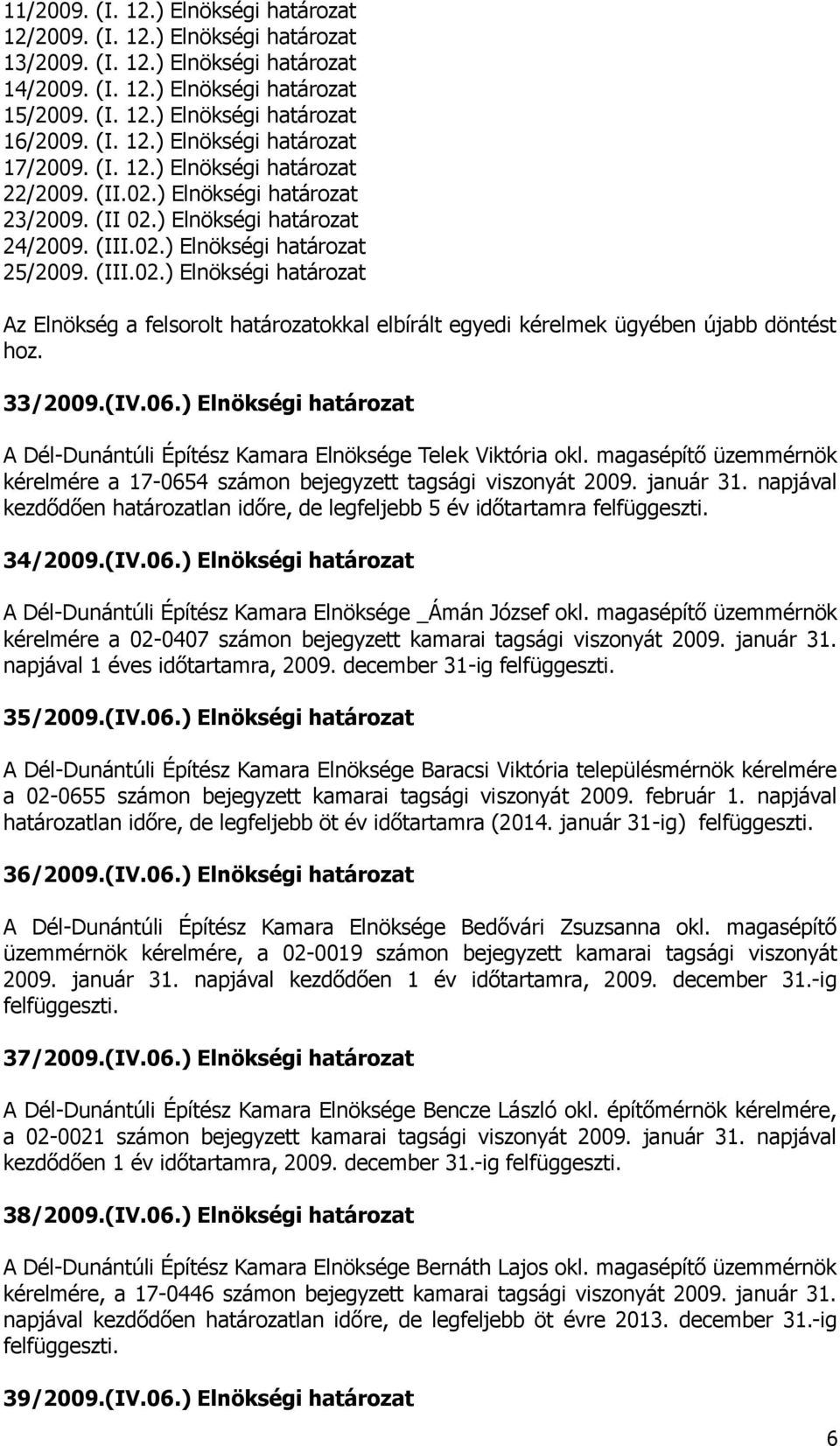 33/2009.(IV.06.) Elnökségi határozat A Dél-Dunántúli Építész Kamara Elnöksége Telek Viktória okl. magasépítő üzemmérnök kérelmére a 17-0654 számon bejegyzett tagsági viszonyát 2009. január 31.
