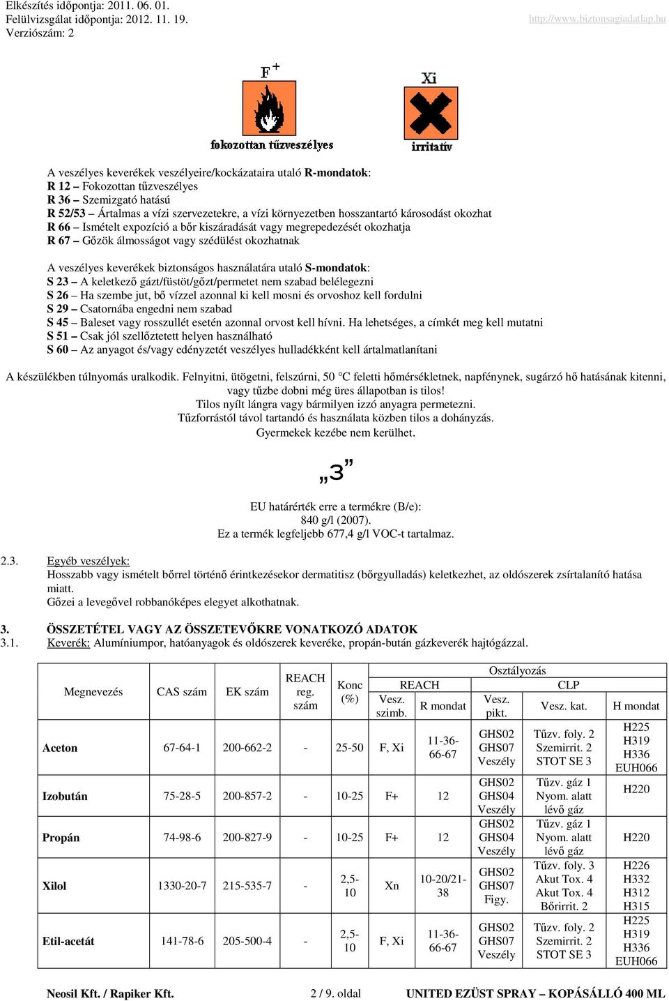 A keletkezı gázt/füstöt/gızt/permetet nem szabad belélegezni S 26 Ha szembe jut, bı vízzel azonnal ki kell mosni és orvoshoz kell fordulni S 29 Csatornába engedni nem szabad S 45 Baleset vagy