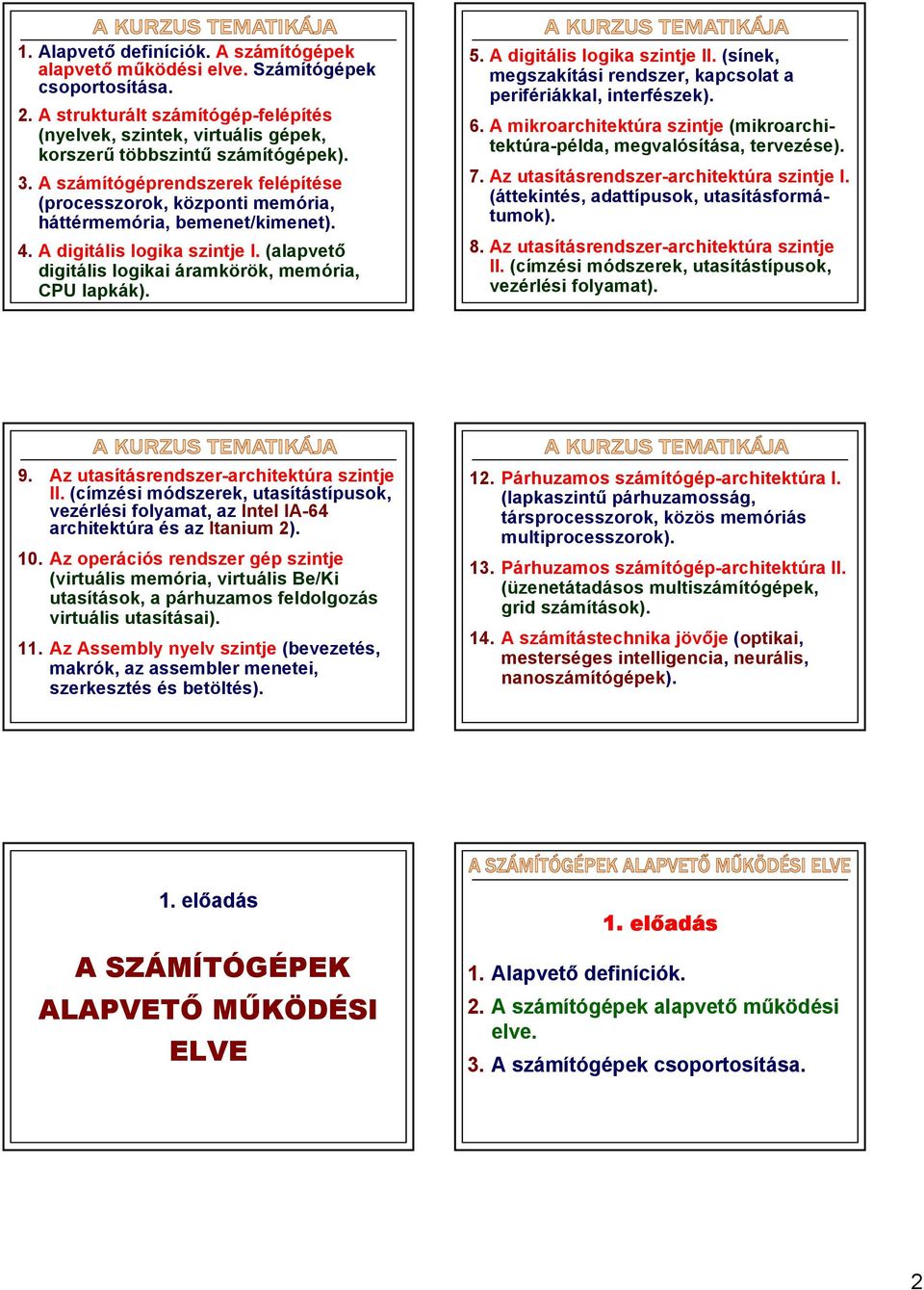 A digitális logika szintje II. (sínek, megszakítási rendszer, kapcsolat a perifériákkal, interfészek). 6. A mikroarchitektúra szintje (mikroarchitektúra-példa, megvalósítása, tervezése). 7.